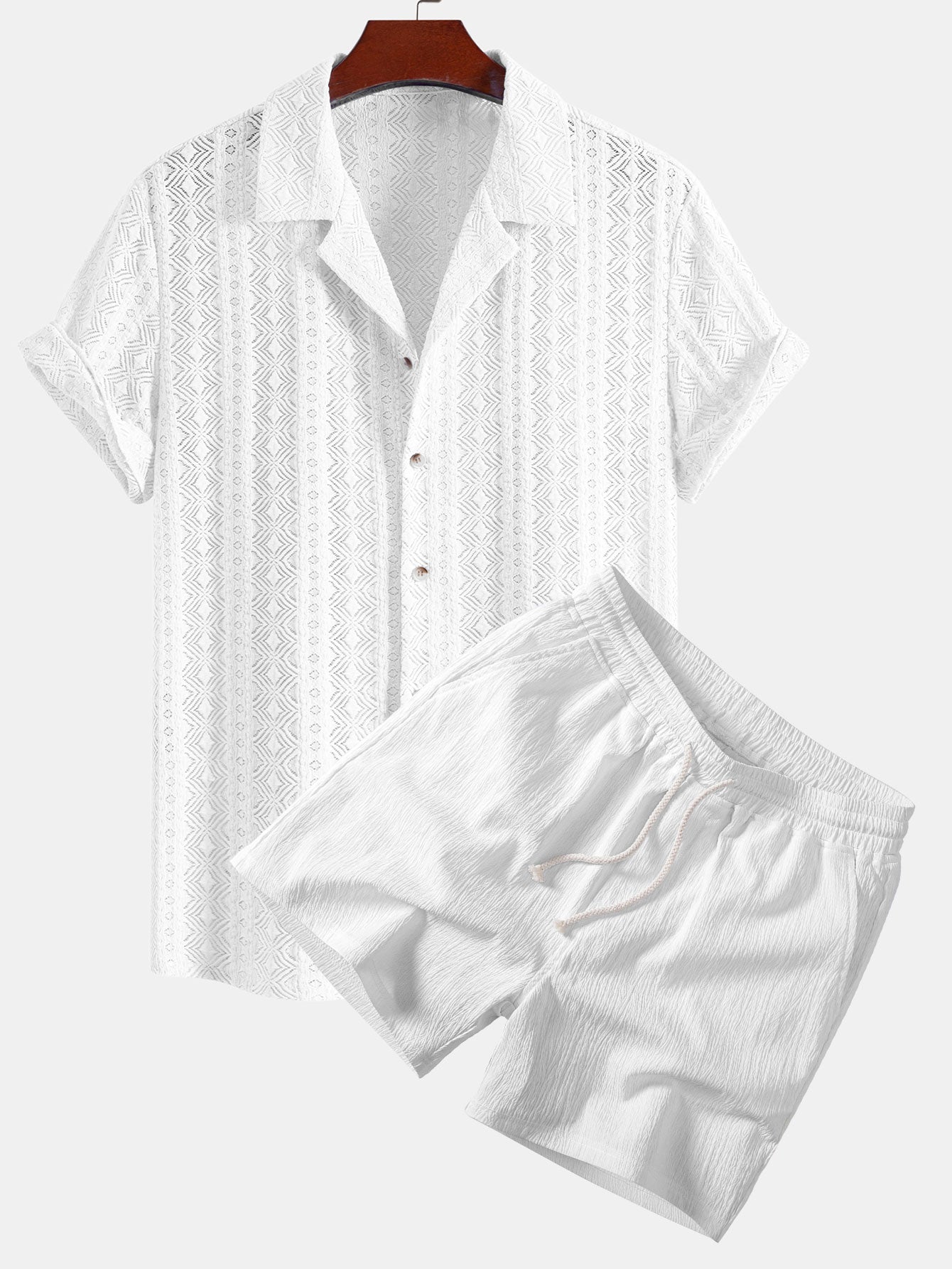 Ensemble — chemise cubaine jacquard géométrique & short texturé froissé à cordon