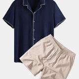 Ensemble — chemise cubaine en lin et viscose à coutures contrastantes & short texturé froissé