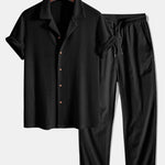 Ensemble — chemise cubaine gaufrée en maille à manches courtes & pantalon texturé froissé