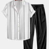 Ensemble — chemise jacquard rayée géométrique & pantalon texturé froissé