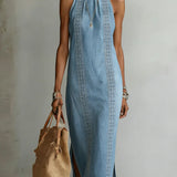 Robe Longue en Jean à Col Montant et Broderie