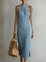 Robe Longue en Jean à Col Montant et Broderie