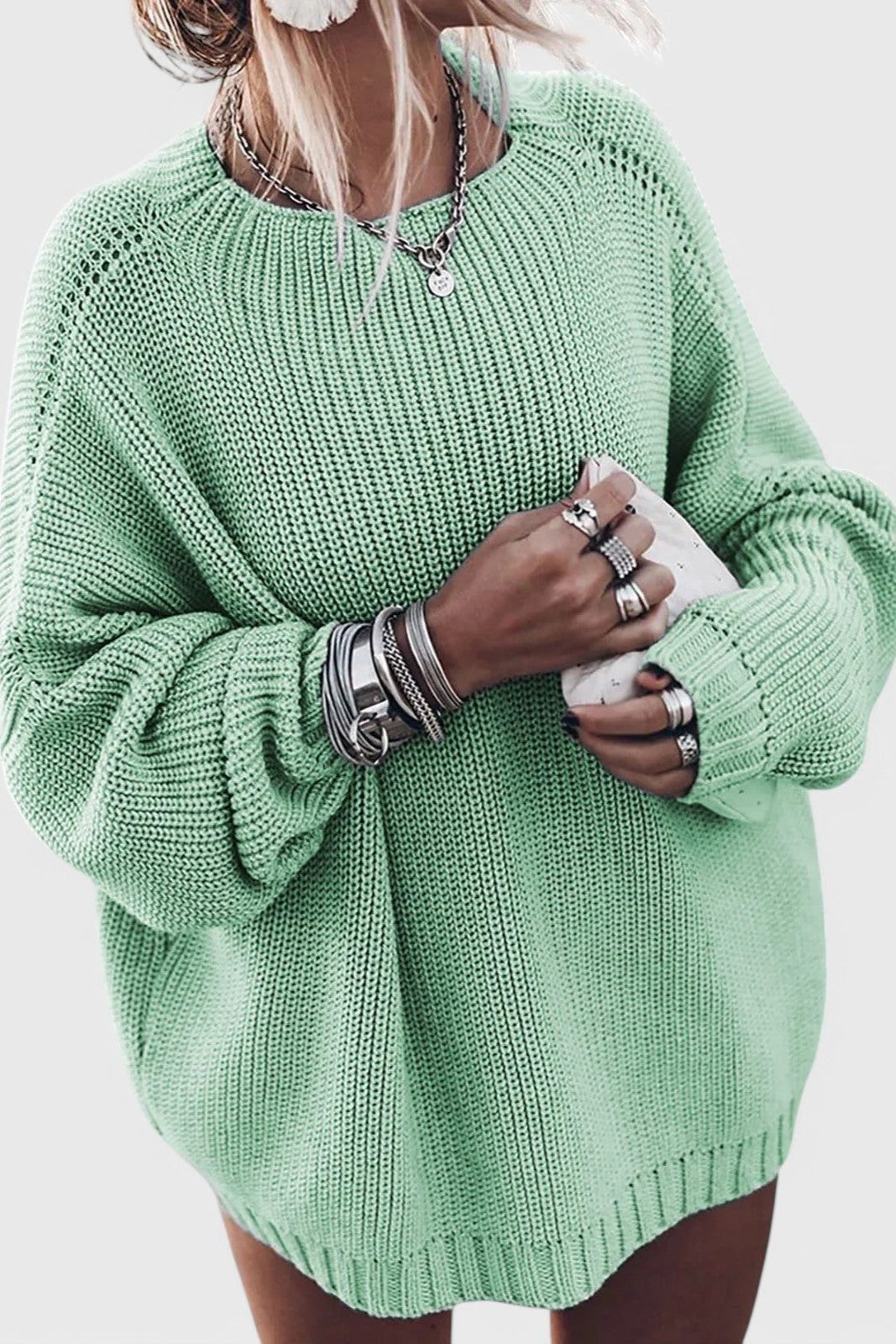 Marivic | Pull en maille à épaules tombantes Vert, photo studio