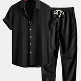 Ensemble — chemise jacquard à losanges géométriques & pantalon en lin à jambe droite
