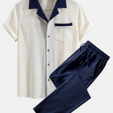 Ensemble — chemise cubaine texturée contrastante & pantalon à jambe droite