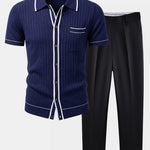 Ensemble — chemise côtelée en maille à bordure contrastante & pantalon fuselé coupe slim