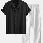 Ensemble — chemise cubaine jacquard à damier floral & pantalon en lin