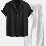 Ensemble — chemise cubaine jacquard à damier floral & pantalon en lin