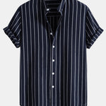 Ensemble — chemise rayée en coton mélangé à col officier & pantalon en lin à jambe droite