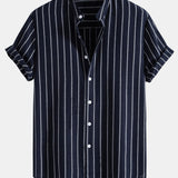 Ensemble — chemise rayée en coton mélangé à col officier & pantalon en lin à jambe droite