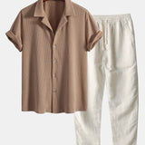 Ensemble — chemise cubaine gaufrée à manches courtes & pantalon en lin à jambe droite