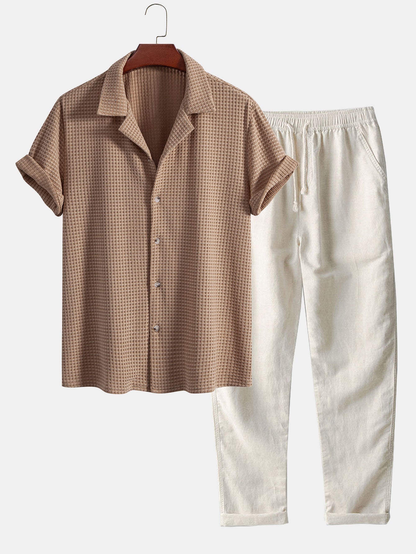 Ensemble — chemise cubaine gaufrée à manches courtes & pantalon en lin à jambe droite