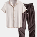 Ensemble — chemise cubaine en lin et viscose à coutures contrastantes & pantalon en lin