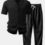 Ensemble — chemise en maille ajourée zigzag & pantalon en lin à jambe droite