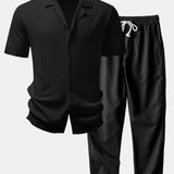 Ensemble — chemise en maille ajourée zigzag & pantalon en lin à jambe droite