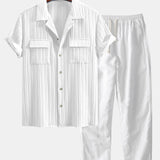 Ensemble — chemise texturée à col cubain et poche & pantalon en lin à jambe droite