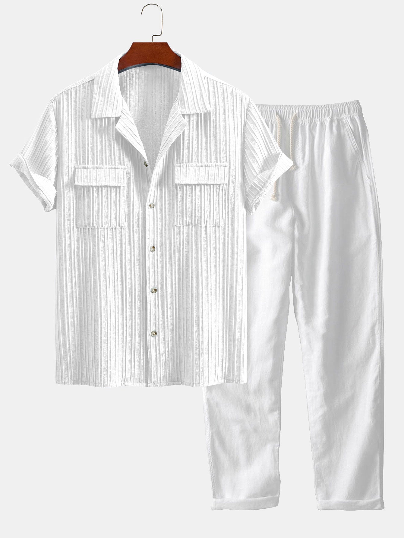Ensemble — chemise texturée à col cubain et poche & pantalon en lin à jambe droite
