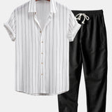 Ensemble Capucine — chemise texturée rayée & pantalon en lin à jambe droite