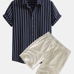 Ensemble — chemise rayée en coton mélangé & short en lin à cordon