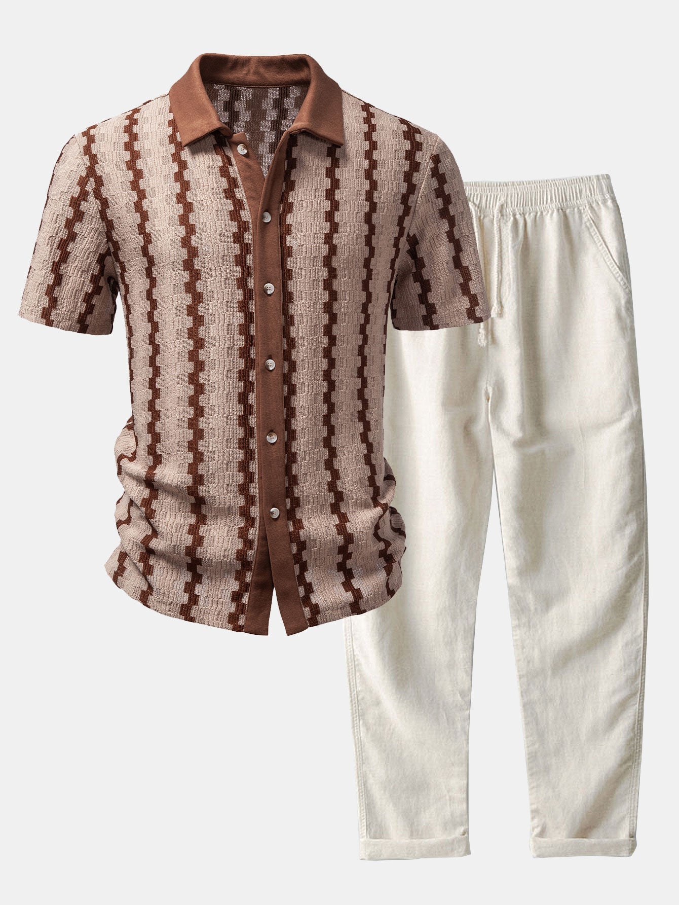 Ensemble — chemise jacquard à carreaux & pantalon en lin à jambe droite