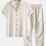 Ensemble — chemise cubaine en éponge à texture animale & pantalon en lin à jambe droite