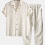 Ensemble — chemise cubaine en éponge à texture animale & pantalon en lin à jambe droite
