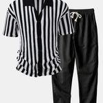 Ensemble — chemise crochetée rayée à épaules tombantes & pantalon en lin à jambe droite