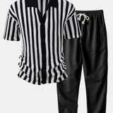 Ensemble — chemise crochetée rayée à épaules tombantes & pantalon en lin à jambe droite
