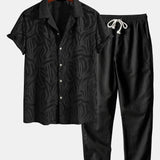 Ensemble Améline — chemise cubaine texturée jacquard & pantalon en lin à jambe droite