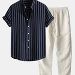 Ensemble — chemise rayée en coton mélangé à col officier & pantalon en lin à jambe droite