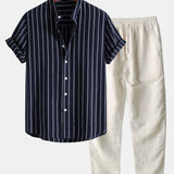 Ensemble — chemise rayée en coton mélangé à col officier & pantalon en lin à jambe droite