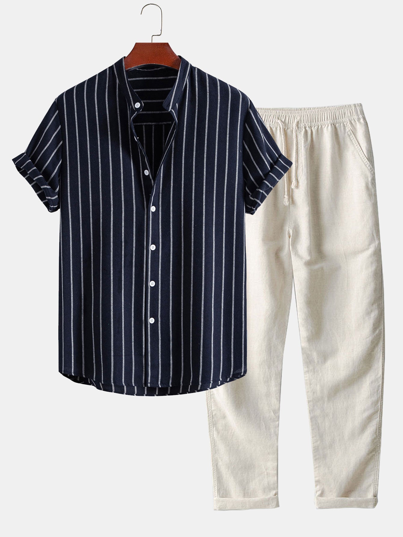 Ensemble — chemise rayée en coton mélangé à col officier & pantalon en lin à jambe droite