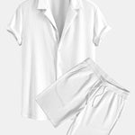 Ensemble — chemise côtelée à col cubain profond coupe ajustée & short côtelé à cordon