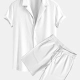 Ensemble — chemise côtelée à col cubain profond coupe ajustée & short côtelé à cordon