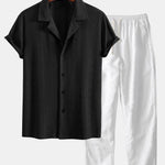Ensemble — chemise cubaine texturée à losanges coupe ajustée & pantalon en lin à jambe droite