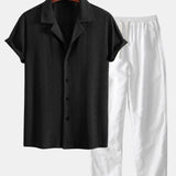 Ensemble — chemise cubaine texturée à losanges coupe ajustée & pantalon en lin à jambe droite