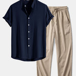 Ensemble — chemise en lin et viscose à col officier & pantalon texturé froissé