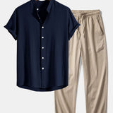 Ensemble — chemise en lin et viscose à col officier & pantalon texturé froissé