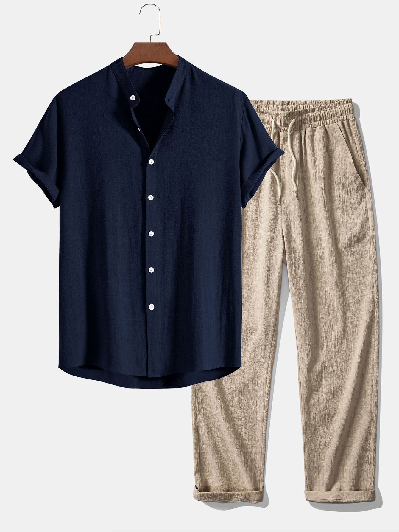 Ensemble — chemise en lin et viscose à col officier & pantalon texturé froissé