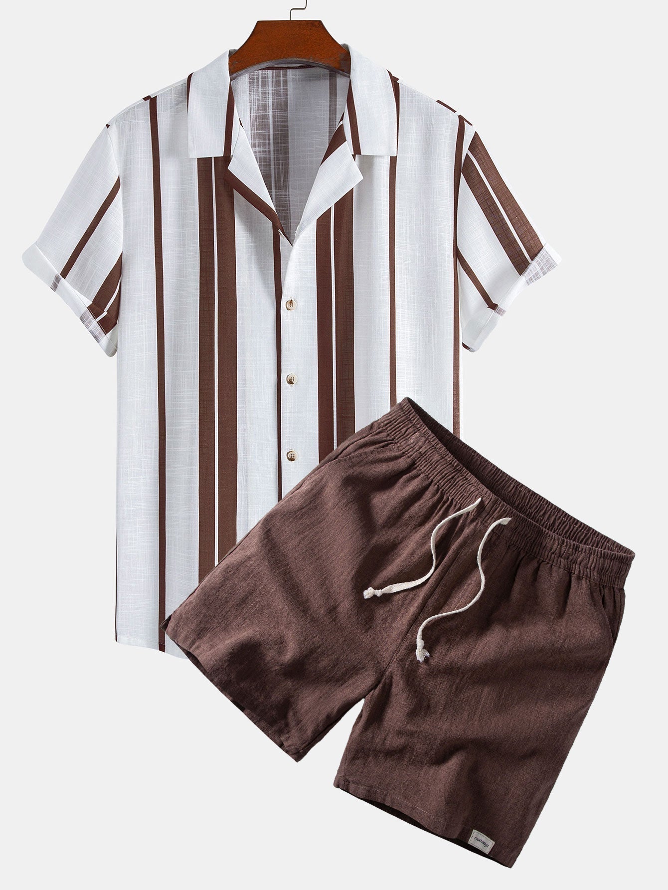 Ensemble — chemise cubaine en lin rayé & short à cordon en lin mélangé
