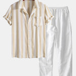 Ensemble — chemise rayée à col cubain & pantalon en lin à jambe droite