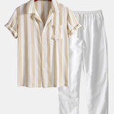 Ensemble — chemise rayée à col cubain & pantalon en lin à jambe droite