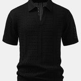 Ensemble — polo crocheté à col V & pantalon en lin à jambe droite