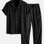 Ensemble — chemise cubaine en maille jacquard à losanges géométriques & pantalon texturé froissé