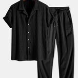 Ensemble — chemise cubaine en maille jacquard à losanges géométriques & pantalon texturé froissé