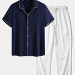 Ensemble — chemise cubaine en lin et viscose à coutures contrastantes & pantalon texturé froissé