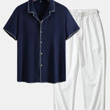 Ensemble — chemise cubaine en lin et viscose à coutures contrastantes & pantalon texturé froissé