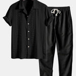 Ensemble Améline — chemise cubaine texturée jacquard géométrique & pantalon en lin à jambe droite
