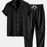 Ensemble Améline — chemise cubaine texturée jacquard géométrique & pantalon en lin à jambe droite