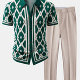 Ensemble — chemise en maille à losanges géométriques rétro & pantalon fuselé coupe slim
